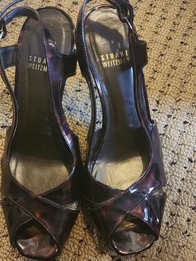 Stuart Weitzman Women's Patent Slingback Peep-Toe Heels in Dark Brown